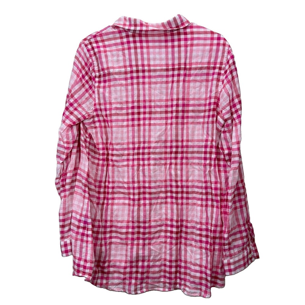 J McLaughlin Pink Plaid Button Shirt Cotton Long Roll Tab Sleeve Classic MEDIUM - Picture 6 of 10
